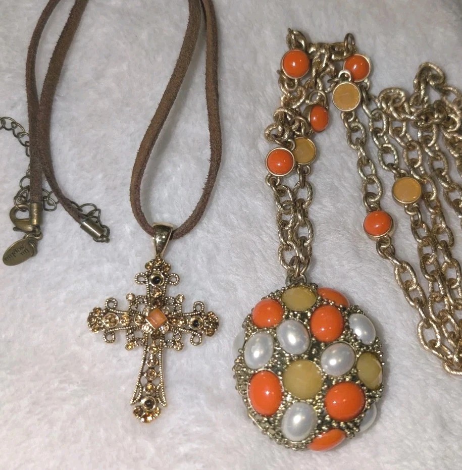 LIA SOPHIA NECKLACE LOT Of 2- TRANQUILITY CROSS  & CABACHON Coral PENDANT