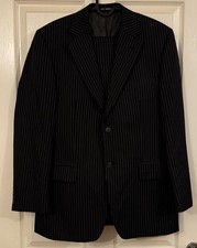 Jeff Banks London, black pinstripe 2 piece suit, 98% wool and 2% cashmere blend