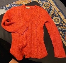 Vintage 1960s Hand Knit In Italy Red Mohair Wool Blend Cable Knit Cardigan M