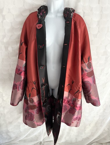 UBU Womens XL REVERSIBLE Parisian Raincoat Jacket Red Pink black Floral Hooded
