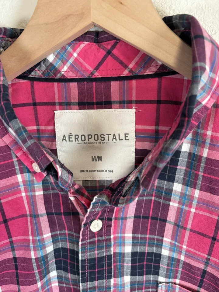 Camisa Aeropostale Para Hombre Mediana Rosa Azul A Cuadros Manga Larga Con Botones Foto 2 de 3