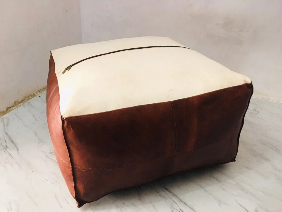 Moroccan Handmade Ottoman Pouf New Brown Decorative Footrest Leather Pouffe - Image 4 of 4