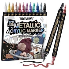 12Colors Metallic Paint Markers Bold and Brush Dual-tip for 12 Metallic Colors