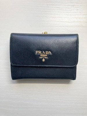 Prada Black Saffiano Leather Tri-Fold Wallet Enamel Triangle