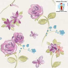 Hand-Painted Style, Blooms and Butterflies Wallpaper in Green, Pink and Blue