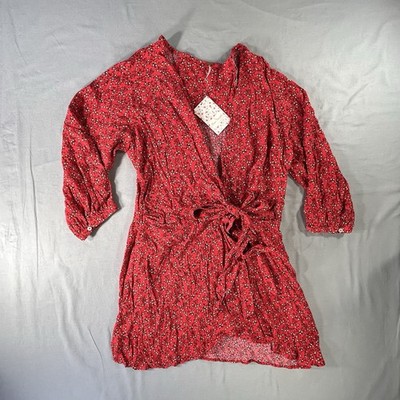 Free People Clara Red Floral Mini Tunic Wrap Dress Womens Small NWT
