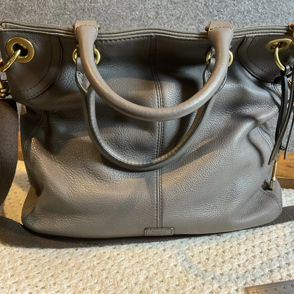 Bolsa satchel Fossil Karli Lrg couro pebbled cinza tiracolo bolsa hobo nova sem etiquetas - Imagem 2 de 4