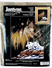 Stitchery Kit Vtg 1998 Janlynn Counted Cross Stitch NORTHERN LIGHTS Wolf