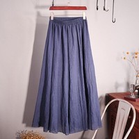 Women Summer Cotton Linen Maxi Skirt Lady Solid Pleated Long Skirts Boho Skirt