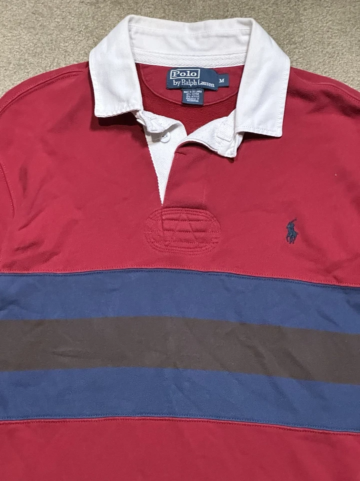Vintage Polo Ralph Lauren Rugby Shirt Mens Medium Blue Red Brown Striped - Image 2 of 4