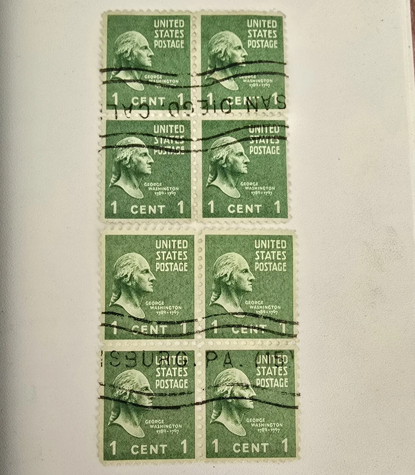2X PLATE BLOCK OF 4 ONE CENT STAMPS. GREEN GEORGE WASHINGTON. USED. - Image 3 of 4