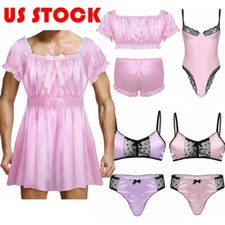 Sissy Mens Satin Underwear Crossdress Dress Lingerie Set Bodysuit Nightwear