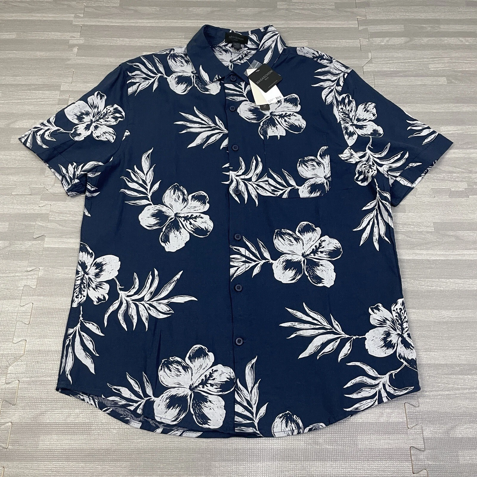 Magaschoni Linen Blend Button Up Mens M Short Sleeve Hawaiian Floral Shirt $58