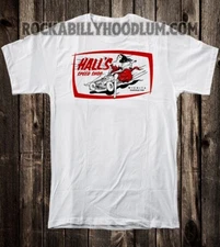 Men's T-shirt White Cotton Hot Rod Drag Race Halls Speed Shop Retro Pinup