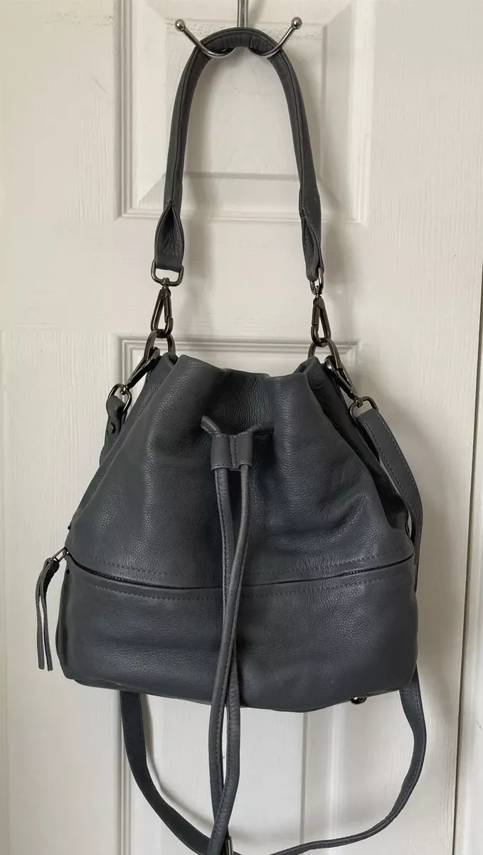 Mint Velvet Leather Bag Bucket Soft grey Drawstring Shoulder handle