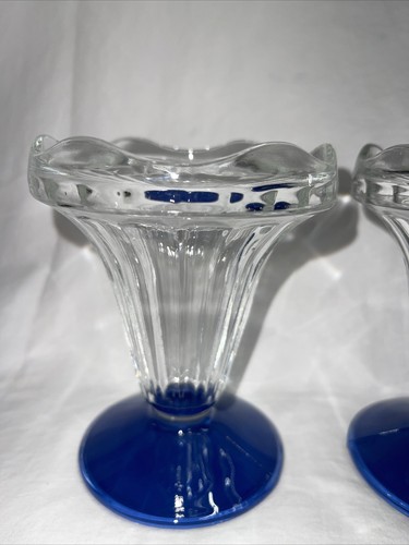 Vintage France Ice Cream Sundae Ruffled Edge Dish Cup Glass Blue Bottom Set Of 3 - Picture 2 of 12