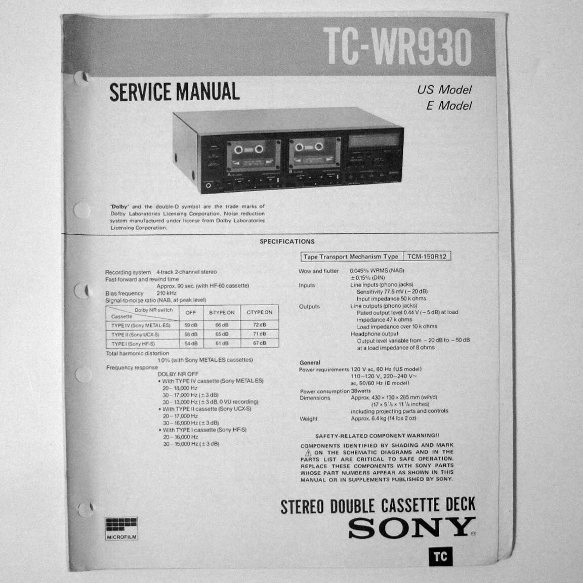 SONY ® Model TC-WR930 Dual Stereo Cassette Deck - Service Manual © 1986 |  eBay