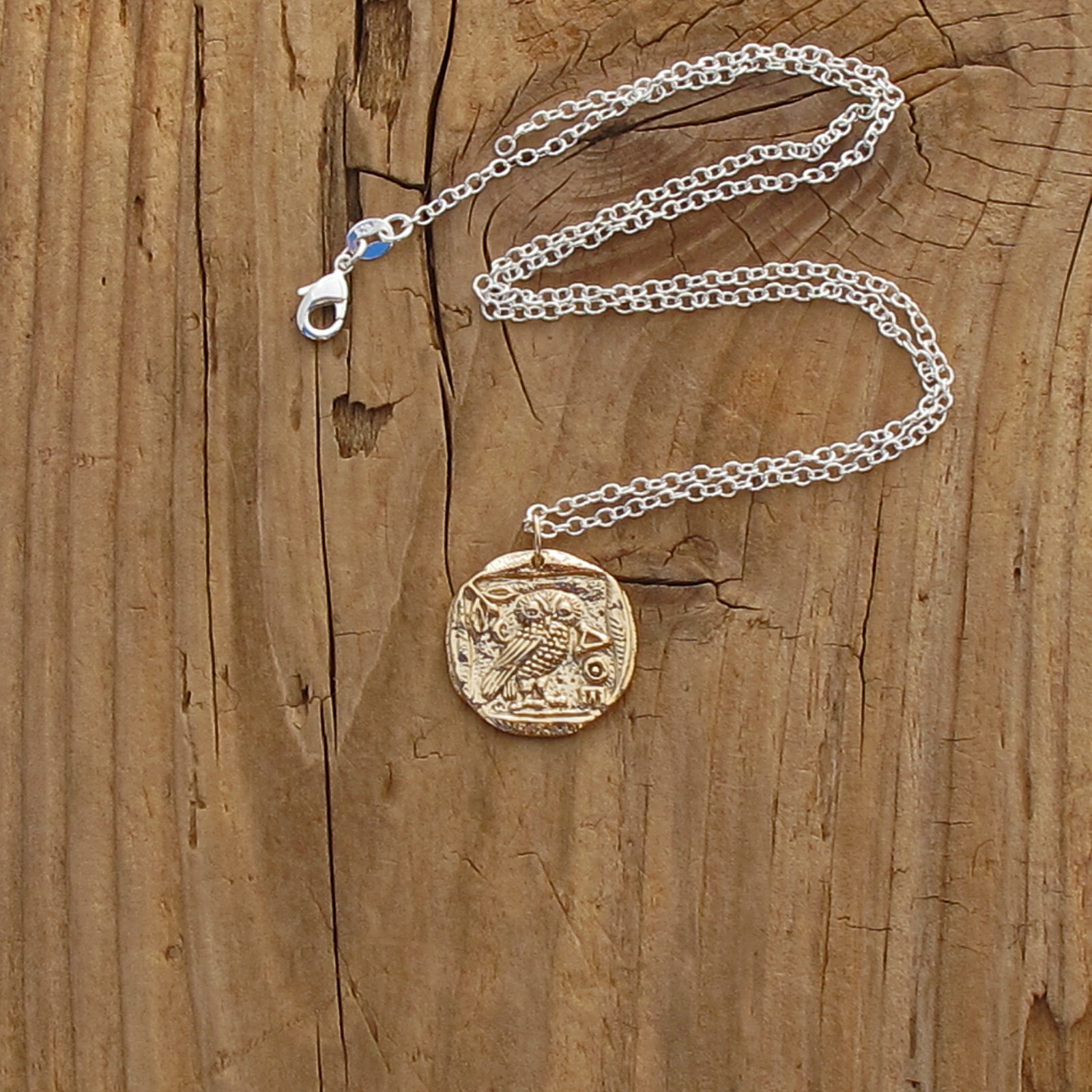Athena Owl Pendant Necklace Bronze Gold Ancient Coin Goddess Greek