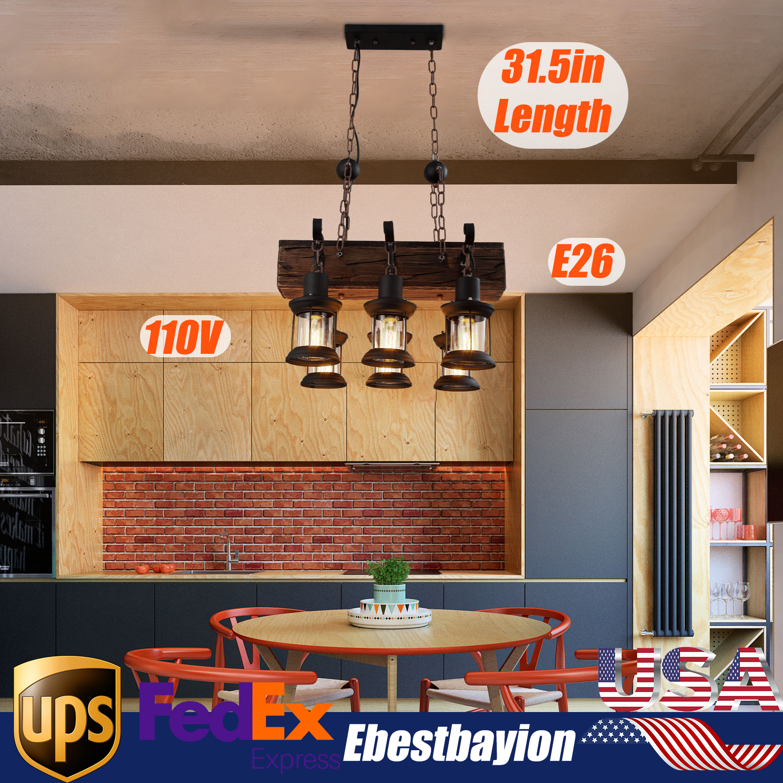 Farmhouse Wooden Chandelier Kitchen Island Pendant Ceiling Light Fixture