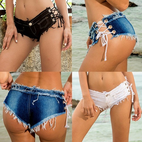 Sexy Women's Low Waist Lace-up Frayed Mini Hot Jeans Denim Pants Beach Clubwears - Picture 1 of 20