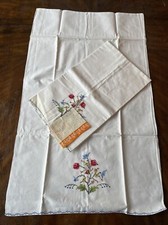 Vintage Hand Embroidered Floral 100 Cotton Pillowcases - 22 X 36 Set Of 2