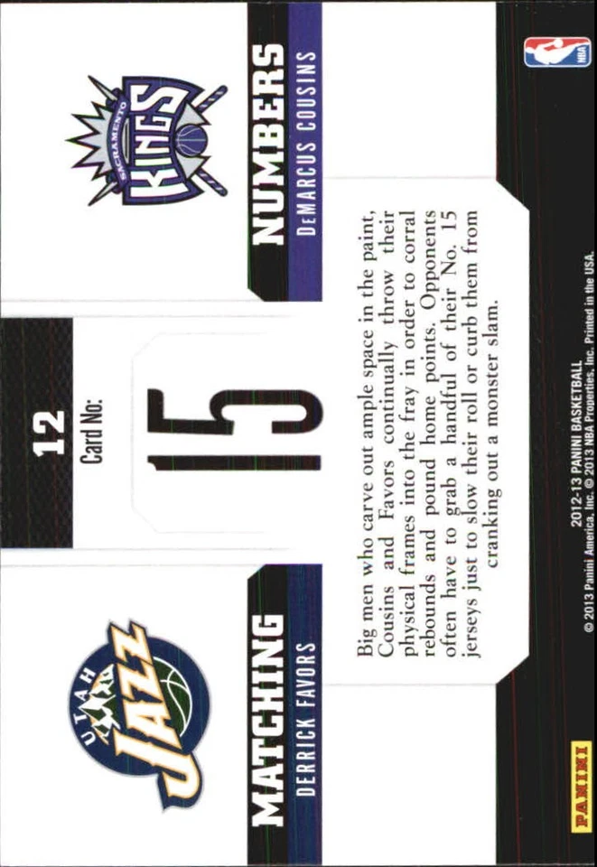 2012-13 Panini Matching Numbers #12 DeMarcus Cousins Derrick Favors BSK - Image 2 of 2