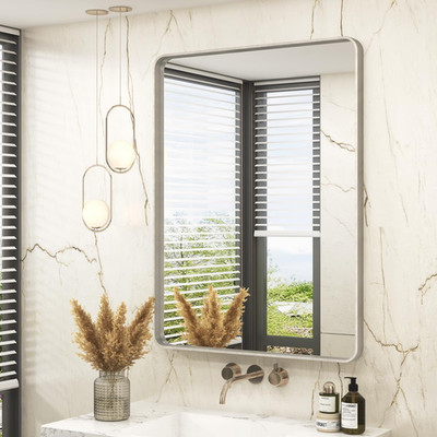 Vanlio 28X36 Inch Brushed Nickel Bathroom Mirror Brushed Silver Metal Framed