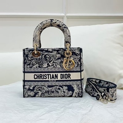 Authentic Christian Dior Lady D-Lite Medium Navy Toile de Jouy Embroidery Bag