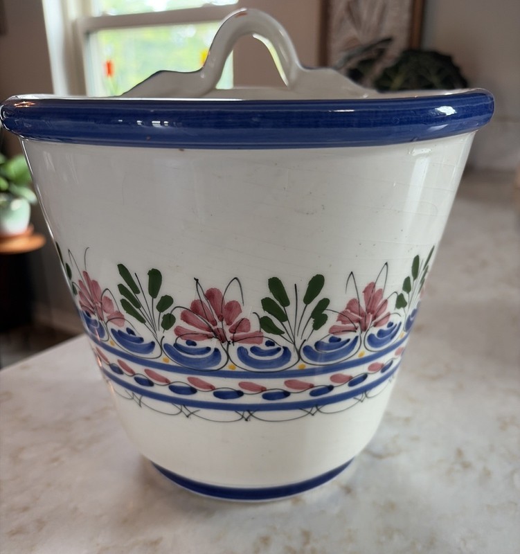 Collioure France ceramic flower planter pot wall hang blue white Majolica Vtg