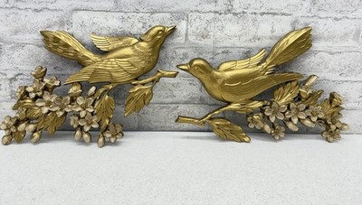 Vintage Dart Wall Hanging Pieces Set/2 Birds Dogwood Branch 60s Gold Resin MCM
