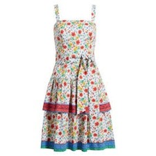 Eliza J Women Dress 8P White Floral Tiered Fit & Flare Sleeveless Belted Cotton