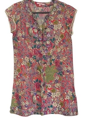 Calypso St Barth Women's M Tunic Shift Dress Cotton Appliqué Flowers Beach Boho