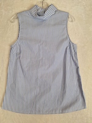H&M Blue Pin Striped Sleeveless Collared Top Women's 8 Button Back Cotton NWT 