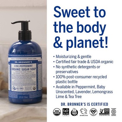  Dr. Bronner's 4-in-1 Organic Sugar Soap - Peppermint (12 oz) - NEW