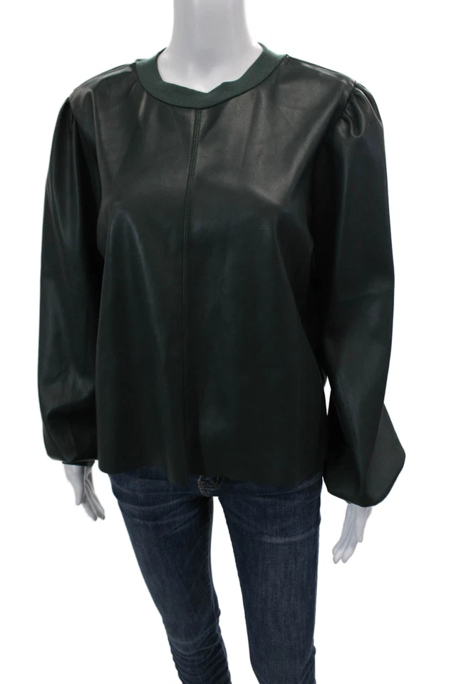 Blusa de manga larga de cuero sintético verde esmeralda talla mediana hecha en Los Ángeles para mujer Foto 2 de 4