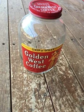 VINTAGE GOLDEN WEST COFFEE JAR WITH COWGIRL ONE POUND NICE