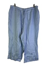 Vintage 90s Womens 1XL Linen Floral Applique Pull On Flowy Pants Blue