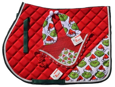 Grinch White Horse Schabracke & Ohrhaube Set - Weihnachten Reitsport Tack
