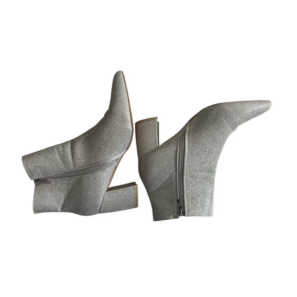 Botines Olivia + Kate plateados brillantes talla 10 punta punta tacón bloque cremallera lateral Foto 2 de 4