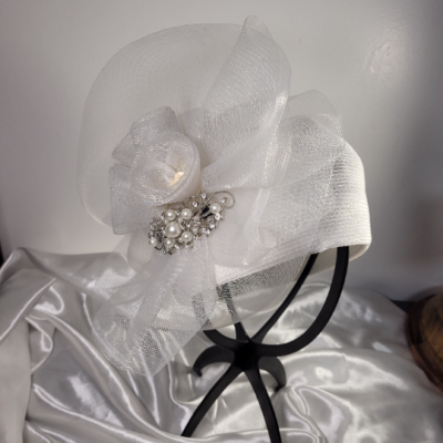 Vintage White Satin looking Bow Hat with Rhinestone Accents Women main image 3