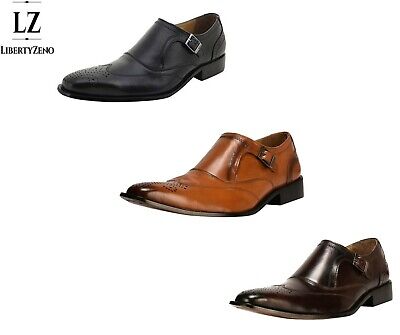 LibertyZeno Men's Single Monk Strap Genuine Leather Wingtip Dress Shoes