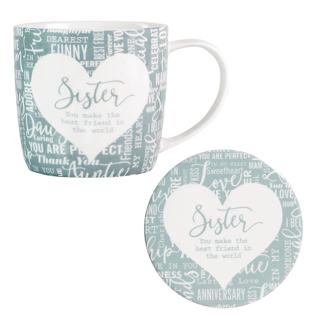 Coffee Mug & Coaster Set Said with Sentiment Ceramic Tea Cup Gift - Sister