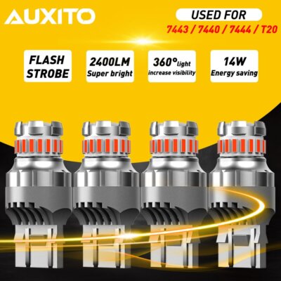 4pcs AUXITO 7443 7440 Super Red LED Strobe Flash Blinking Brake Tail Light Bulbs
