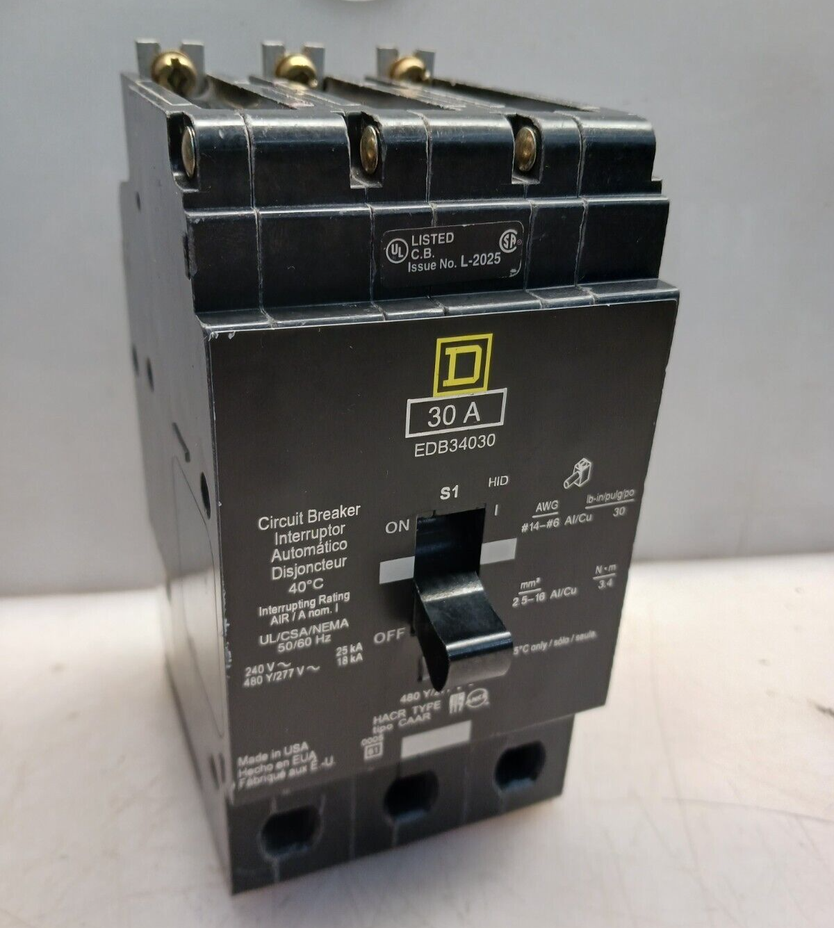 Square D EDB34030 Molded Case Circuit Breaker - 30 Amp, 3-Phase, 480V, Bolt-On Industrial