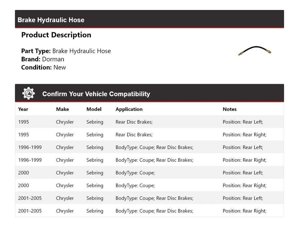 Manguera hidráulica de freno para Chrysler Sebring Dorman 1995-2005 1996 1997 1998 1999 Foto 2 de 4