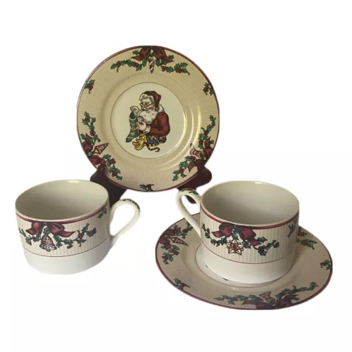 VINTAGE FITZ & FLOYD SANTA'S LIST SET OF 2 CUPS & SAUCERS 1994 No Chips/cracks