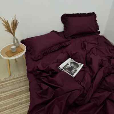 Ruffled Duvet cover & pillowcase, Burgundy bedding cover, Blanket in Custom Size