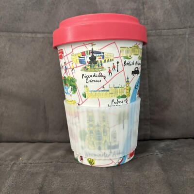 London Print Bamboo Reusable Travel Mug W/ Heat Resist Sleeve NEW w/o Packaging!