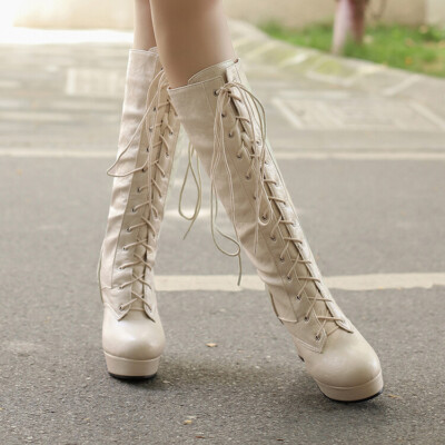 Knee High Heel Block Heel White Booties Gothic Women Block