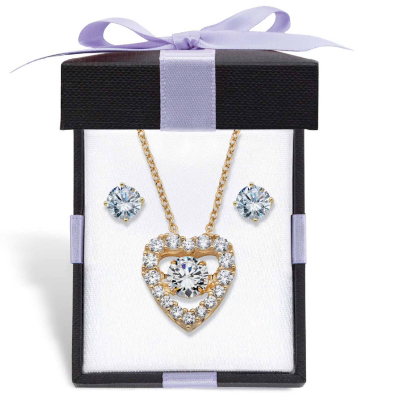 CZ Stud Earrings and Heart Necklace GP Set in 14K Gold Sterling Silver with Gift Box-image